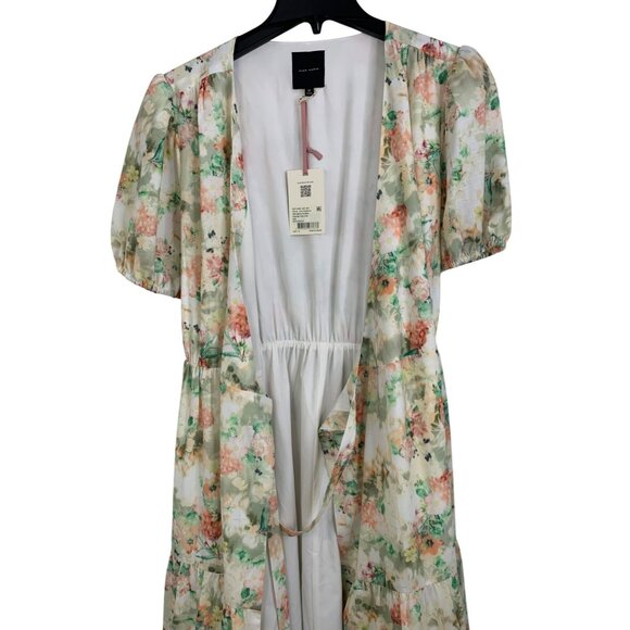 Alex Marie Pink Floral Wrap Midi Dress Tiered Puff Short Sleeves Sz 12 RD10175 - Picture 9 of 11